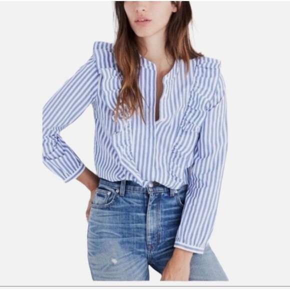 Madewell Tops - Madewell Whitney Striped Ruffle Blouse M Blue White